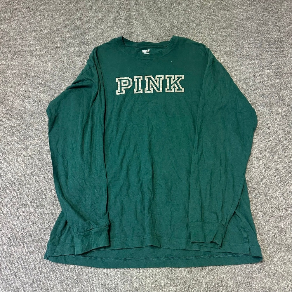 PINK Victoria's Secret T-Shirt Womens Size M Green Long Sleeve Graphic Logo Top